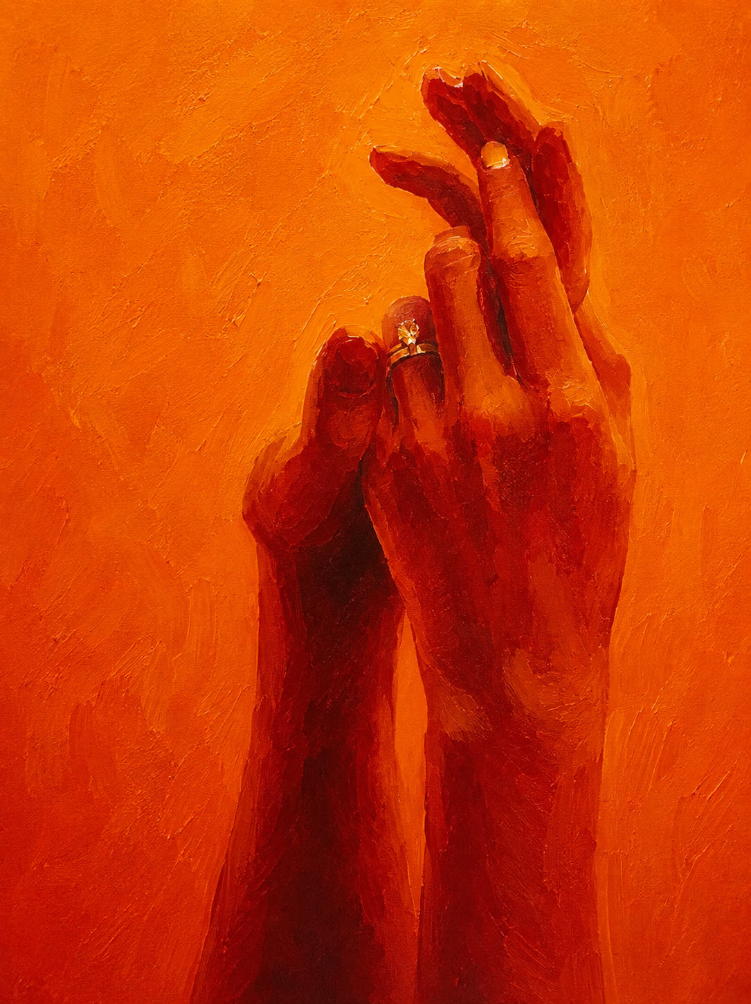 Two clasped hands in deep red against burnt orange, a ring catching the light