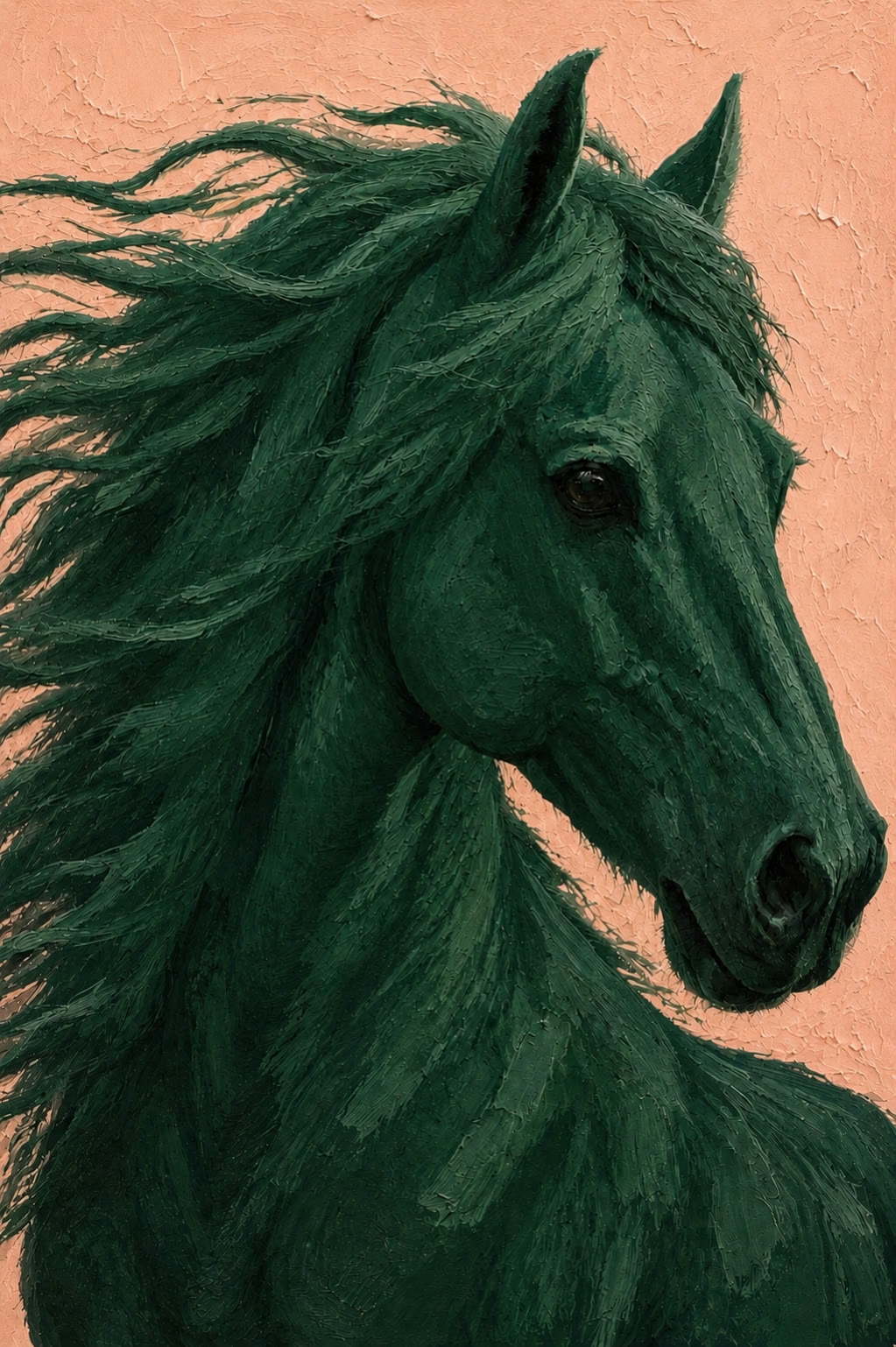 A deep green horse in profile, mane streaming, painted against warm peach