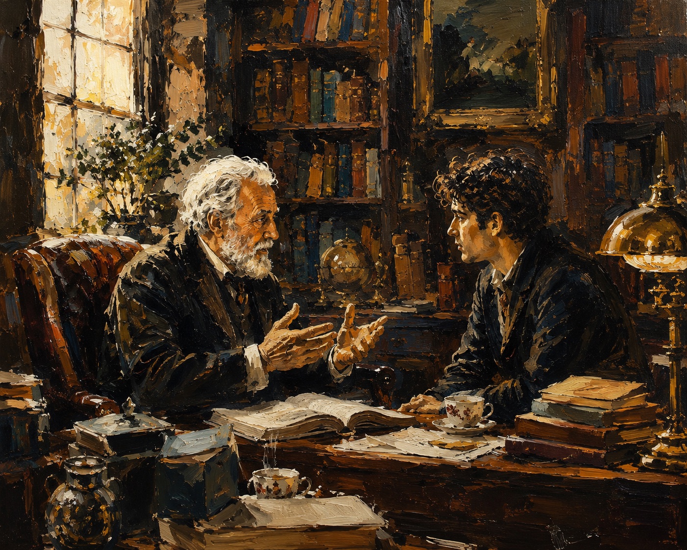 An oil painting of an elderly white-haired man in conversation with a younger man across a desk, in a lamplit study lined with books