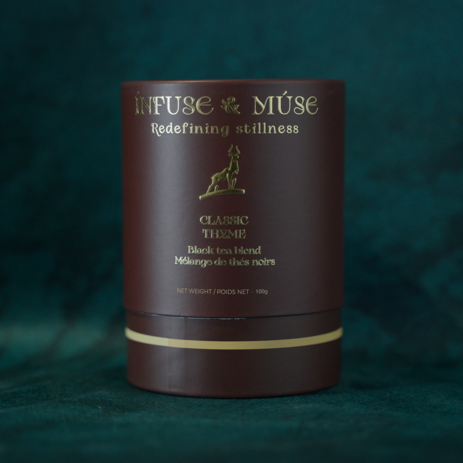 Classic Thyme tin, oxblood red with gold foil lettering