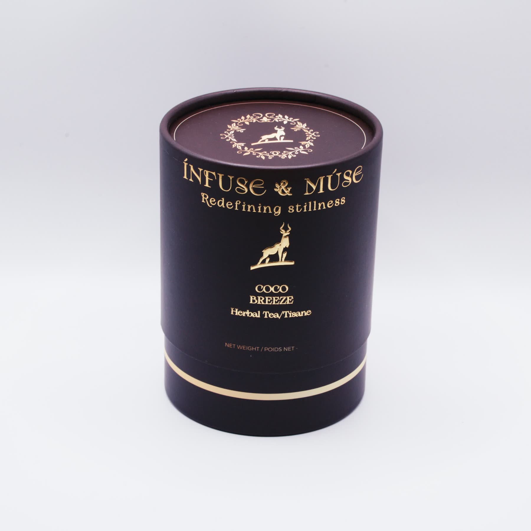 Coco Breeze tin, dark espresso brown with gold foil lettering