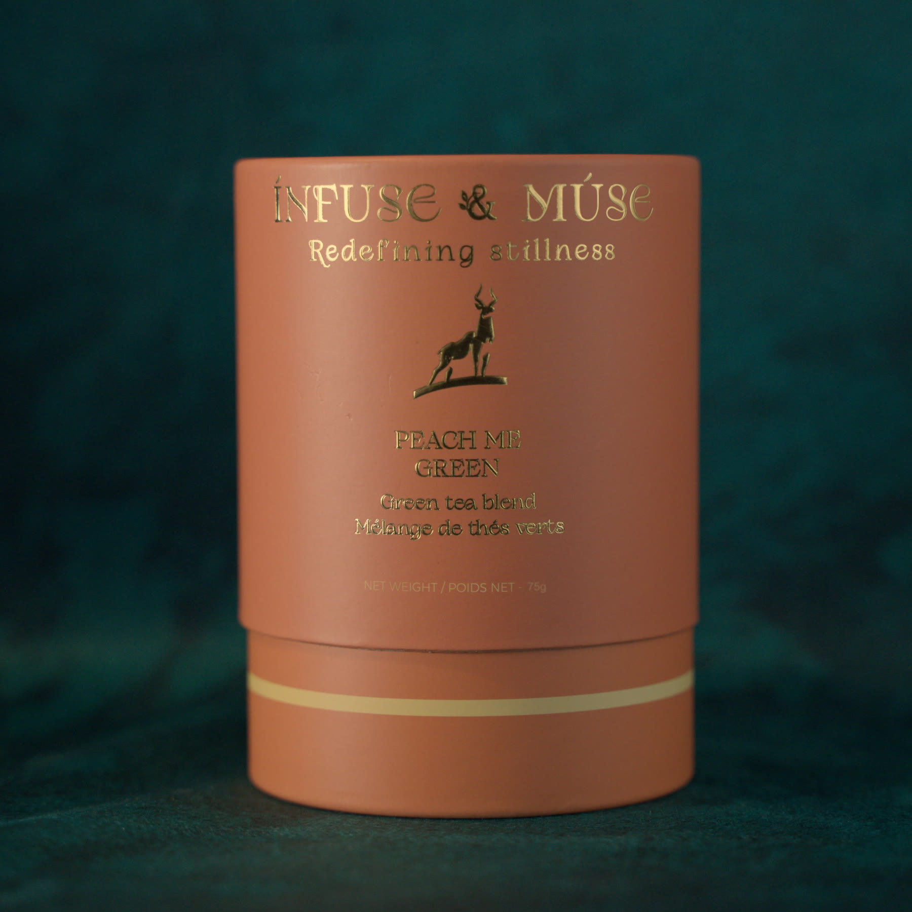 Peach Me Green tin, coral orange with gold foil lettering
